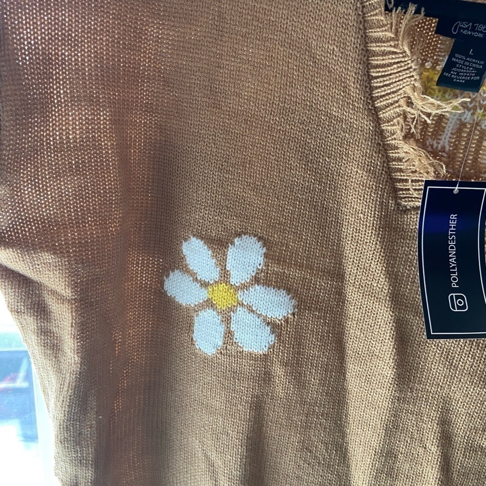 Just Polly‎ tan flowers sweater women's size Large - Picture 5 of 8